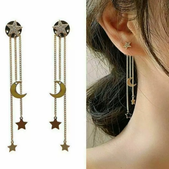 Gold & Crystal Star & Moon Tassel Chain Earrings - Picture 2 of 7